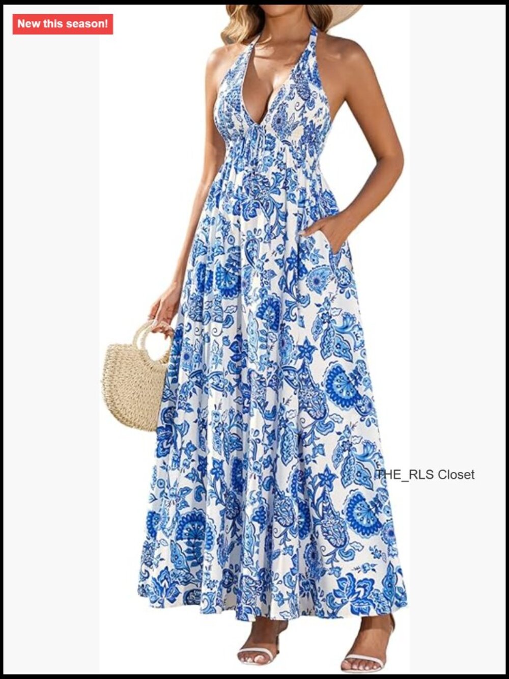 V Neck Halter Tie Maxi Sundress With Pockets Flowy A Line Casual
